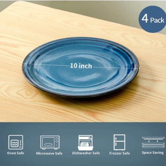10" Ceramic Dinner Plates - Large Porcelain Dinner Plates - Set of 4 (Blue) - Picture 2 of 13